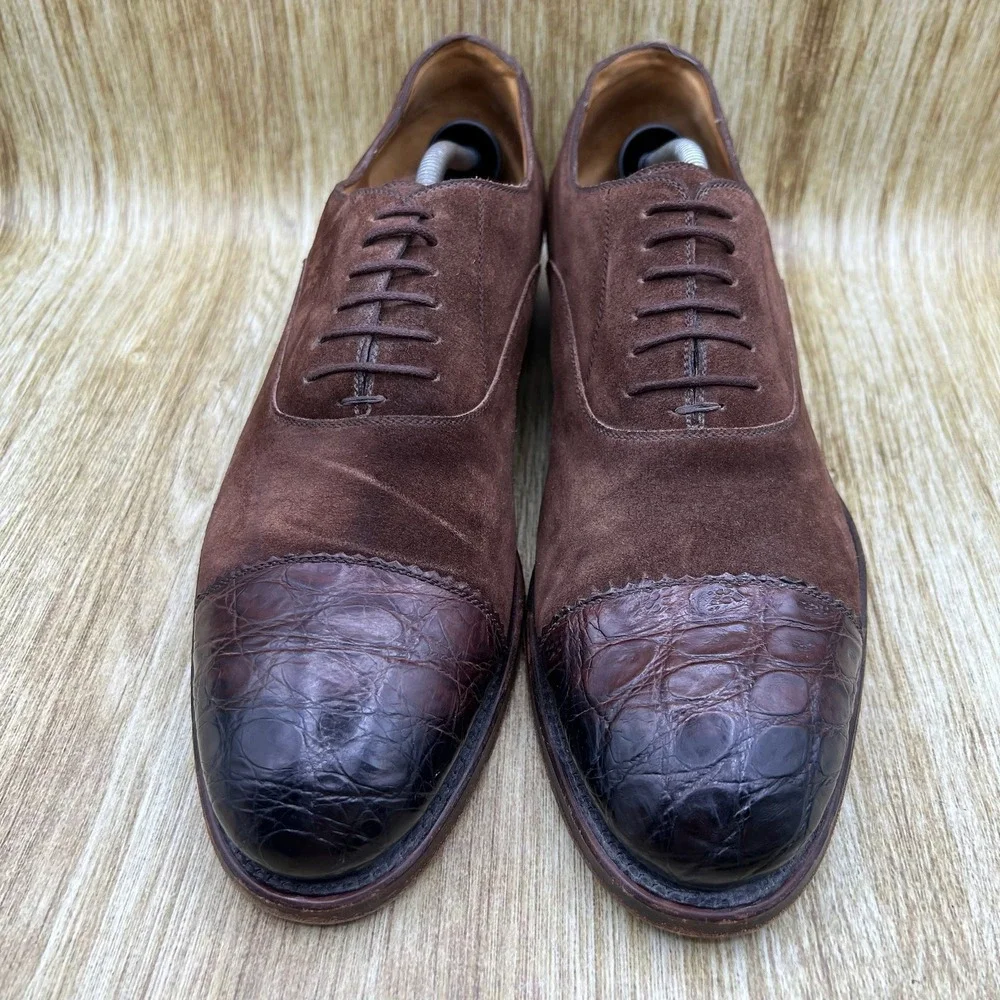Gucci Crocodile Cap Toe Oxfords Men's Size 10 Brown Suede Made In Italy